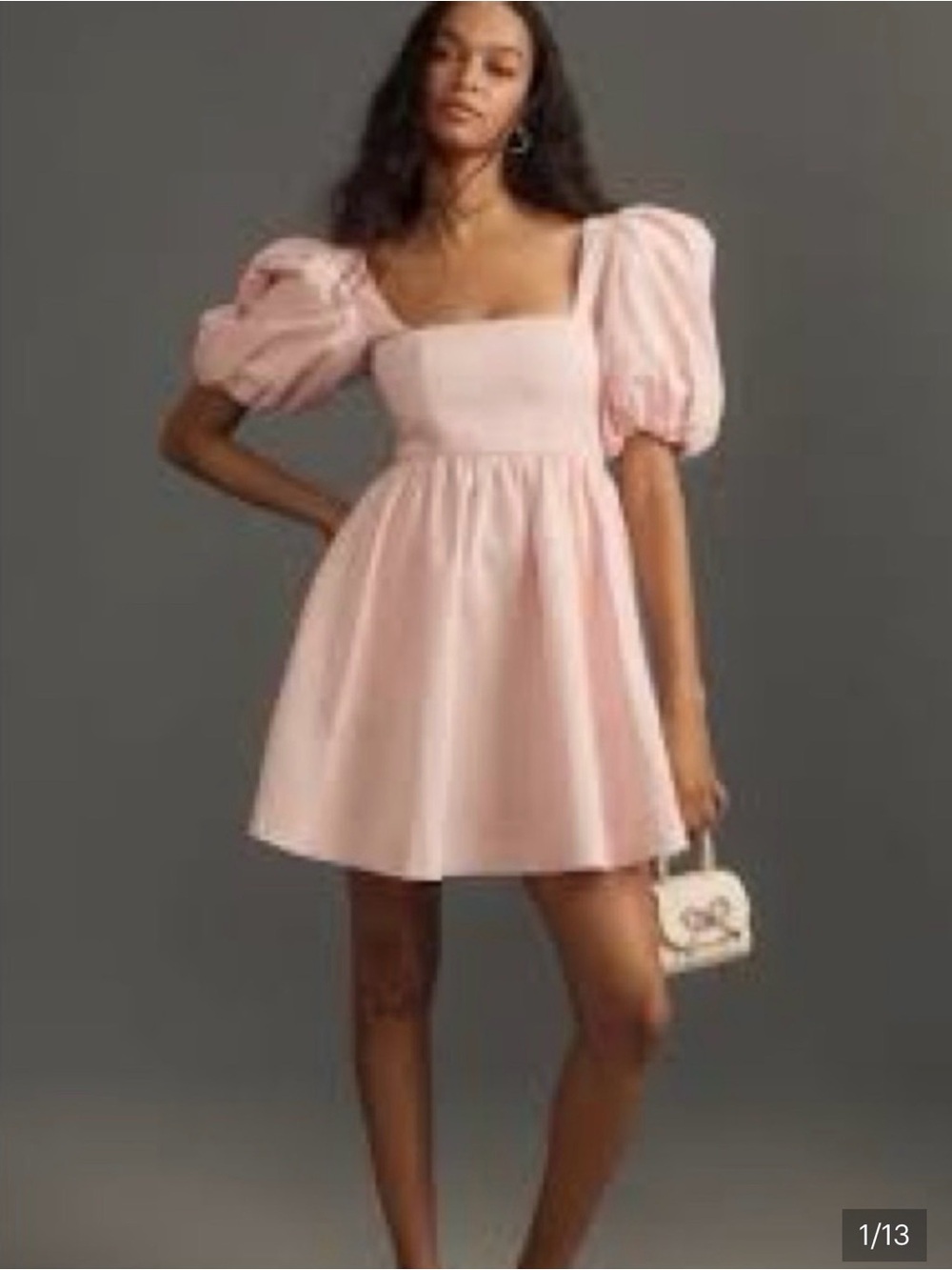 Anthropologie Maeve Puff-Sleeve Square-Neck Mini Dress Pink Pockets Cott…